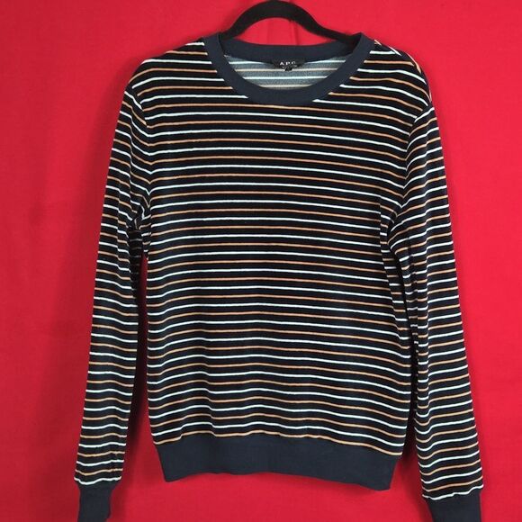 A.P.C.Striped Velour‎ Sweatshirt Navy Blue Mens Size Medium - Picture 2 of 9
